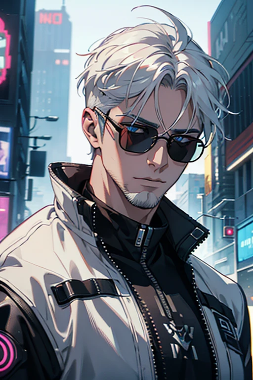 Raw 16k ultra HD Vivid colors ultra masterpiece, 1.12), Describe the emotions captured in the close-up of a white-haired man's face, impeccable haircut and glasses, sporting a well-groomed white beard, while wearing a jacket inspired by the game Cyberpunk 2077. The setting reflects the game's dystopian futuristic environment, with elements characteristic of the city of Cyberpunk 2077.