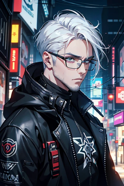 Raw 16k ultra HD Vivid colors ultra masterpiece, 1.12), Describe the emotions captured in the close-up of a white-haired man's face, impeccable haircut and glasses, sporting a well-groomed white beard, while wearing a jacket inspired by the game Cyberpunk 2077. The setting reflects the game's dystopian futuristic environment, with elements characteristic of the city of Cyberpunk 2077.