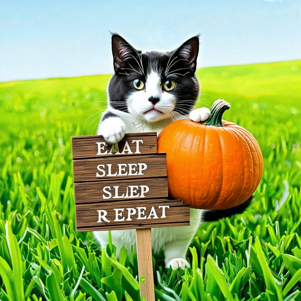 A black and white cat holds in a single paw a wooden sign that says: "eat, sleep, repeat" and holds a pumpkin in other paw, the photo was taken in a green field at day, clear sky