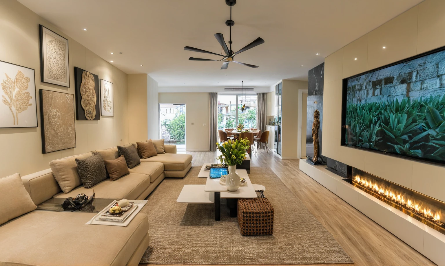 Masterpiece, HD, interior design, TV wall behind the TV, TV wall,French cream style, living room space, sofa, coffee table, green plants, floor-to-ceiling windows, curtains