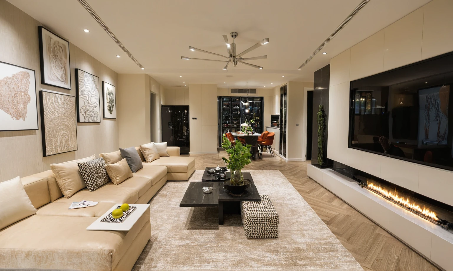 Masterpiece, HD, interior design, TV wall behind the TV, TV wall,French cream style, living room space, sofa, coffee table, green plants, floor-to-ceiling windows, curtains