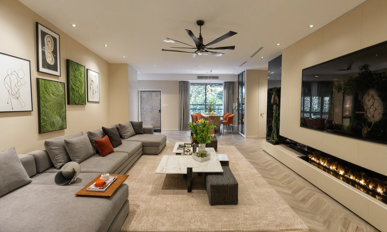 Masterpiece, HD, interior design, TV wall behind the TV, TV wall,French cream style, living room space, sofa, coffee table, green plants, floor-to-ceiling windows, curtains