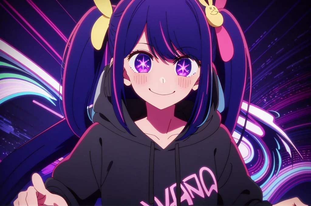 masterpiece, Highest quality, 8K,Pitch black background,Detailed Background, masterpiece, Highest quality, smile, ornament, hoodie, Portraiture, Neon Purple, graffiti, dark, night, Shining Eyes, Black light