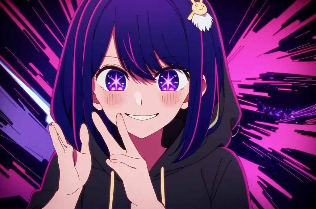 masterpiece, Highest quality, 8K,Pitch black background,Detailed Background, masterpiece, Highest quality, smile, ornament, hoodie, Portraiture, Neon Purple, graffiti, dark, night, Shining Eyes, Black light