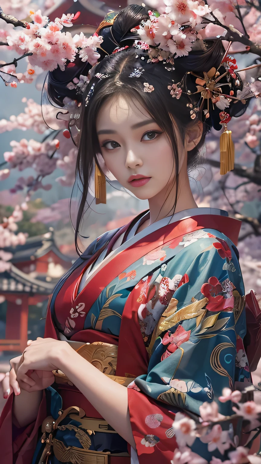 In a futuristic scene, Mechanically Enhanced Japanese Geisha、Elegant in an elaborate garden. She has beautiful eyes and lips that complement her face. Geisha wear traditional kimonos with intricate patterns and designs. Around her are bright Cherry tree and a quiet carp pond. The scene is a mix of illustration and photorealism., Extremely detailed and clear brushwork, Vibrant colors. The lighting accentuates the geisha&#39;s elegant features, Gives porcelain skin a soft glow. The artwork is of the highest quality, 4K or 8K resolution, Showcasing the intricate details of geisha costumes, Cherry tree, And the glittering scales of the carp. The overall color scheme is、A combination of traditional Japanese colors, crimson, wait., Black, Subtle gold accents, With a futuristic twist. The fusion of ancient traditions and modern technology、Create captivating and visually striking masterpieces.