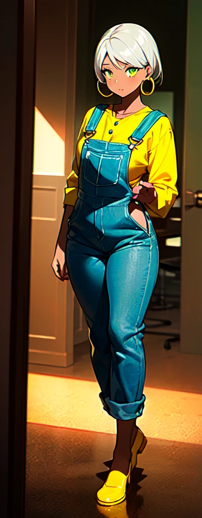 masterpiece, best quality,1girl, ((young girl)), ((large round magical green eyes)), shiny skin, (thin waist), (gray hair), ((curvy)), ((wide hips)), ((hoop earrings)), ((small size)) , ((( yellow overalls))), hot, soft natural lighting, reflections, bright illuminations, deep dark black skin, ((yellow outfit)), full body, bare legs