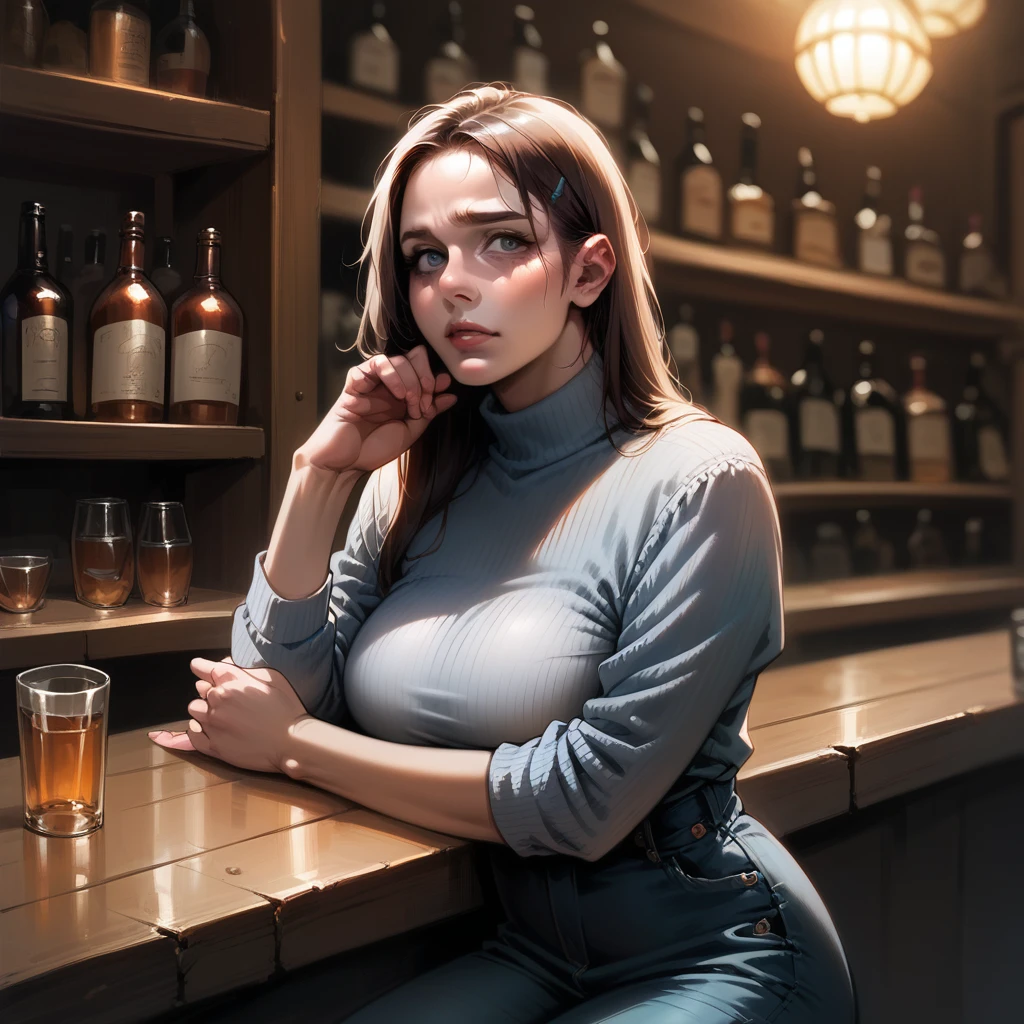 8k, best quality, realistic photos, realistic details, clear face, delicate facial features, real skin shine, a cute girl, shy, facing the camera, girl sitting in a bar in a gray fishnet sweater and tight denim, clear bar background, sea view, arms on bar counter, hips, slim body, big breasts, 24 years old, charming, seductive eyes