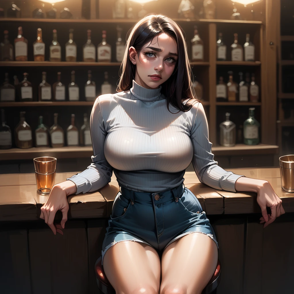 8k, best quality, realistic photos, realistic details, clear face, delicate facial features, real skin shine, a cute girl, shy, facing the camera, girl sitting in a bar in a gray fishnet sweater and tight denim, clear bar background, sea view, arms on bar counter, hips, slim body, big breasts, 24 years old, charming, seductive eyes