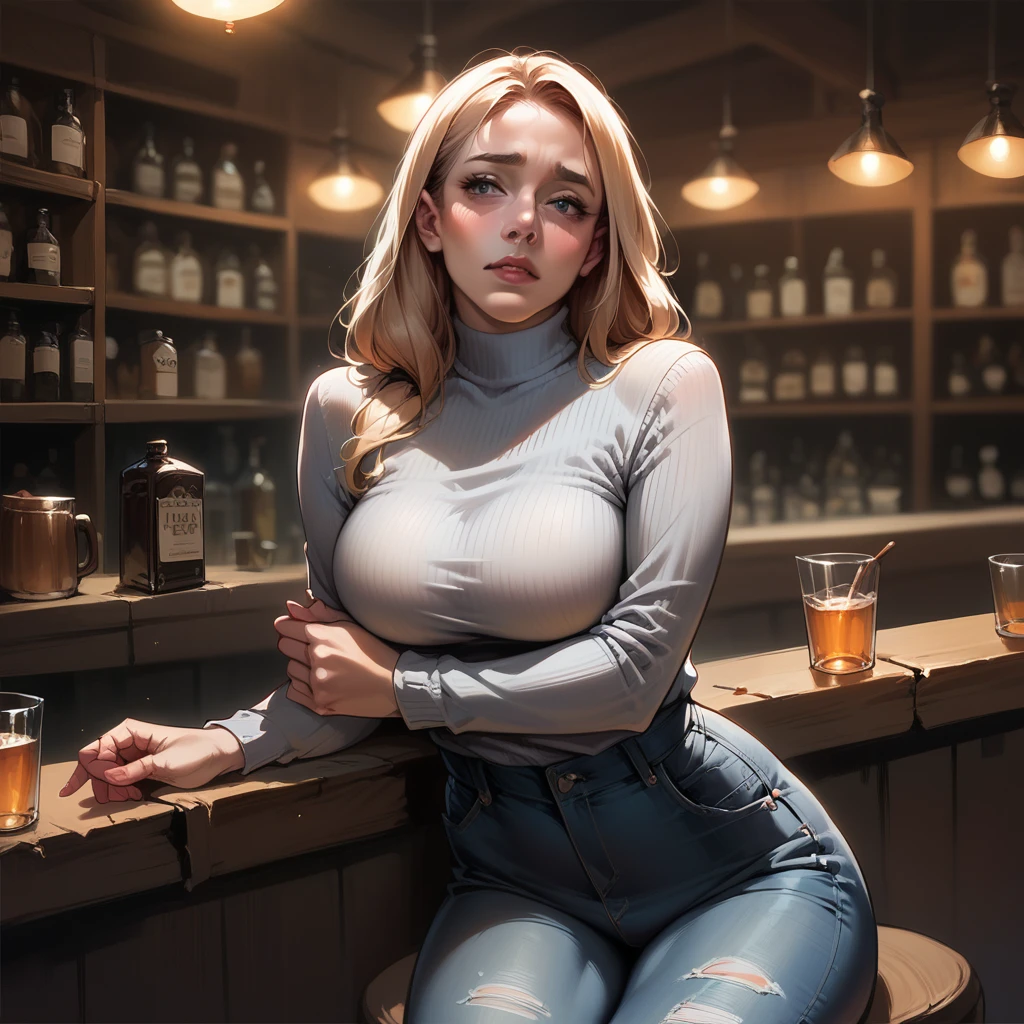 8k, best quality, realistic photos, realistic details, clear face, delicate facial features, real skin shine, a cute girl, shy, facing the camera, girl sitting in a bar in a gray fishnet sweater and tight denim, clear bar background, sea view, arms on bar counter, hips, slim body, big breasts, 24 years old, charming, seductive eyes