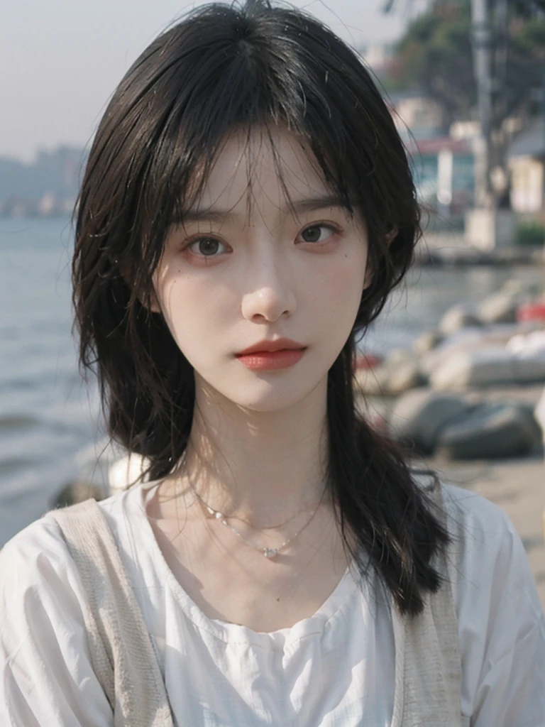 Film portrait photography, 1girls, Lipstick, (big chest:1.2), Wear a necklace, Cute expression, Exquisite makeup, Vest, serene, calm, (Realistic and detailed eyes, Natural skin texture, Realistic facial details), Soft dramatic lighting, Vibrant details, Detailed and detailed, Surreal, 35mm film, hazy, outdoor, Seaside background, seaside, Depth of Field, Bokeh