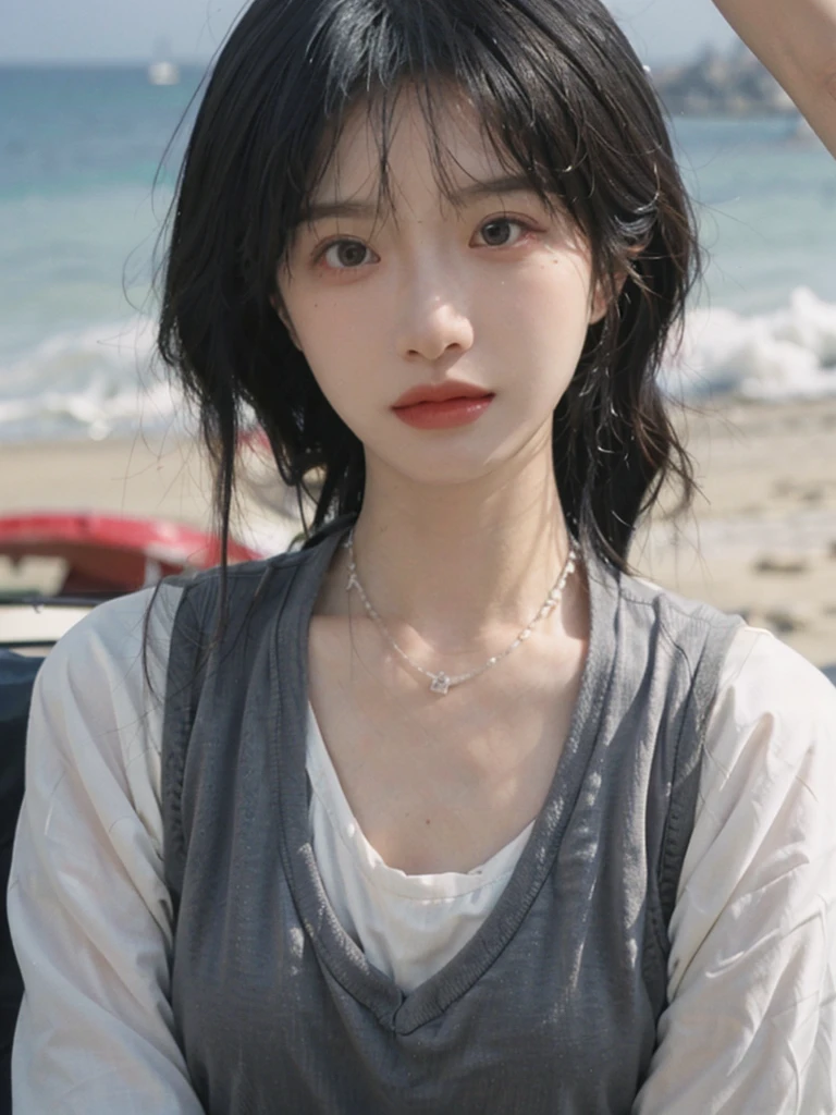 Film portrait photography, 1girls, Lipstick, (big chest:1.2), Wear a necklace, Cute expression, Exquisite makeup, Vest, serene, calm, (Realistic and detailed eyes, Natural skin texture, Realistic facial details), Soft dramatic lighting, Vibrant details, Detailed and detailed, Surreal, 35mm film, hazy, outdoor, Seaside background, seaside, Depth of Field, Bokeh