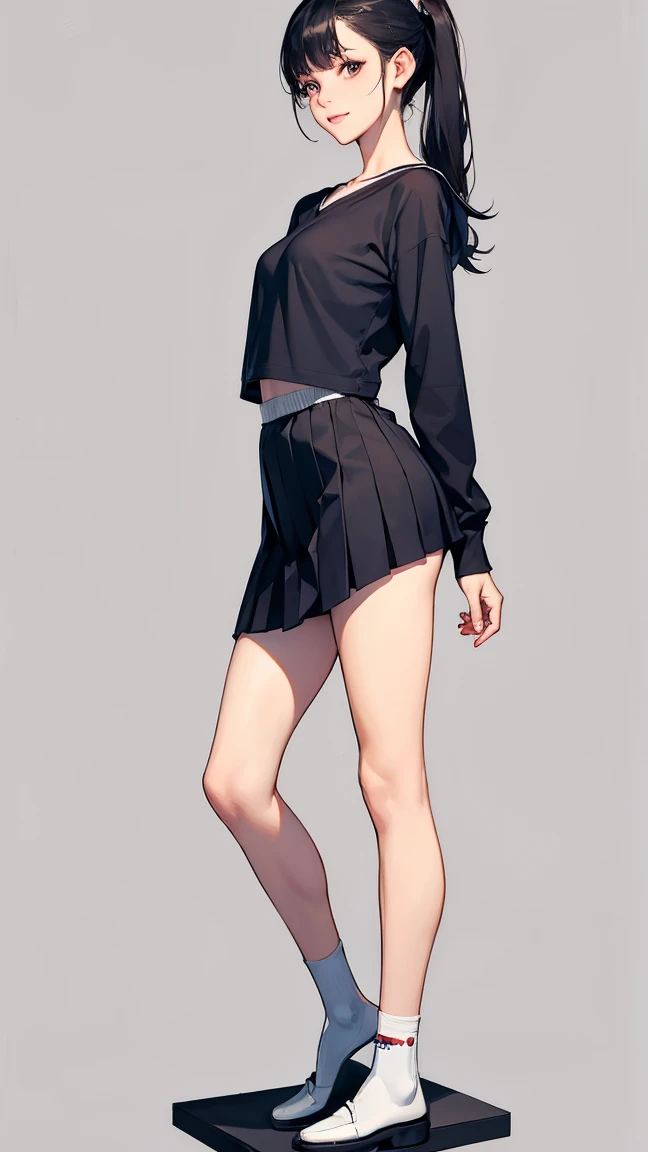 (1 person、Beautiful woman、)、(((whole bodyを見せる)))、(whole body、positive、natural standing posture、)、 (Detailed depiction of a beautiful face)、Smiling Kindly、Black Hair、semi-long、Put your hair up、Small breasts、Slim figure、 White long sleeve sailor suit、White Long Pleated Skirt、Sugar Loafer、(Simple Background)、(Plain background)、(Blank Background)、Blur the background、Sergeant&#39;watercolor style、(Highest quality、masterpiece、High resolution)、4K Anime Art、(Character Concept Art)、