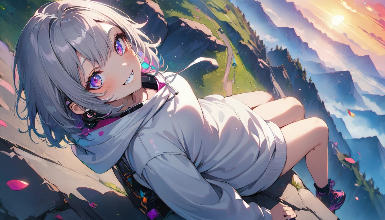 ((Masterpiece)), ((best quality)), (Anime:1.3), (super detail:1.2), (High Definition:1.3), (Professional Photography:1.3),cute young Girl, Glossy unruly hair, (loose swept bangs), (silver ash hair), medium hair, big eyes, (Eye bags:1.3), (Long eyelashes), colorful eyes, (evil smile and blush), Glossy lips, (jagged teeth), ((white hoodie with oversized)), barearms, cute, (colorful:1.3), gothic makeup, (sitting on the edge), colorful petals dance around her, beautiful sunset, Peter Benjamin Graham, a wanderer on a mountain, wearing headphones, (full body), (gazing skyward:1.3),(from aerial shot:1.8),