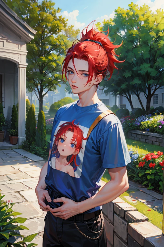 ８K, Highest quality, masterpiece, Ultra-detailed、Mohawk mowing、pale red hair、Mohawk Hair, 、full lips、Blue Eyes、１８Year old boy、Portrait、、garden、T-Shirts、pants、Random facial expressions