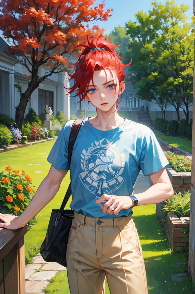 ８K, Highest quality, masterpiece, Ultra-detailed、Mohawk mowing、pale red hair、Mohawk Hair, 、full lips、Blue Eyes、１８Year old boy、Portrait、、garden、T-Shirts、pants、Random facial expressions