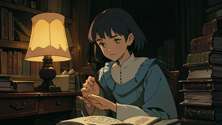 A girl, ensconced in a cozy corner on a rainy evening, sits surrounded by a jumble of books with an intensely profound study attitude. The soft yellow glow of the desk lamp illuminates her thoughtful expression, revealing her deep concentration and composed posture. Her inquisitive eyes dart back and forth between the pages, her nimble fingers turning them with subtle tilt, as she absorbs the old world wisdom contained within. The timeworn margins and sultry aura of the books add to the quiet night ambiance, creating a peaceful and tranquil countenance. This scholarly young woman, clad in plain attire, appears to be a seeker of knowledge and intellect,Width cat