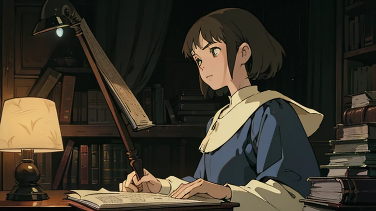 A girl, ensconced in a cozy corner on a rainy evening, sits surrounded by a jumble of books with an intensely profound study attitude. The soft yellow glow of the desk lamp illuminates her thoughtful expression, revealing her deep concentration and composed posture. Her inquisitive eyes dart back and forth between the pages, her nimble fingers turning them with subtle tilt, as she absorbs the old world wisdom contained within. The timeworn margins and sultry aura of the books add to the quiet night ambiance, creating a peaceful and tranquil countenance. This scholarly young woman, clad in plain attire, appears to be a seeker of knowledge and intellect,Width cat