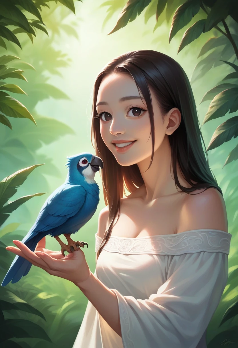 a young asian woman, off-shoulder white dress, holding parrot, tropical forest background, beautiful detailed eyes, beautiful detailed lips, extremely detailed face, long eyelashes, smiling, intricate detailed clothing, stunning scenery, muted colors, natural lighting, cinematic, photorealistic, 8k, best quality, masterpiece
