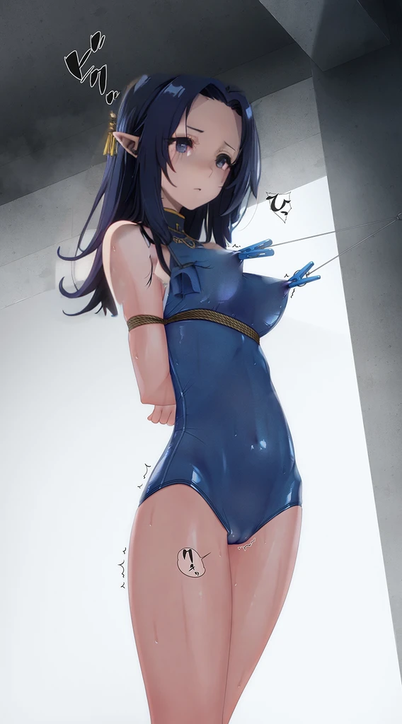 dark blue hair,,long hair,blue eyes,pointy ears,elf,