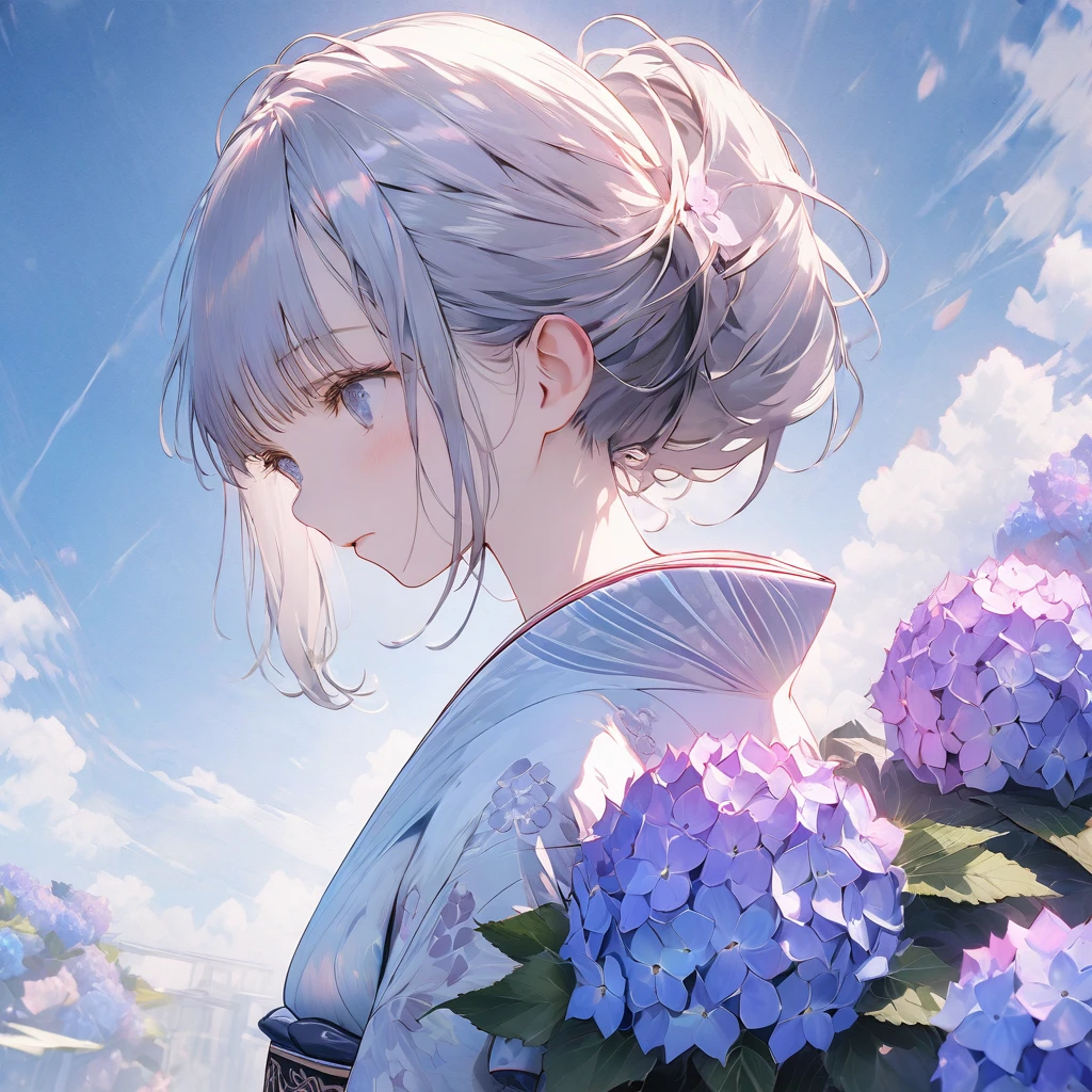 Hydrangeas, a beautiful girl, beautiful sky, detailed details, a large sky, a full-body image, detailed colors, dynamic angles, a beautiful Japanese kimono, BREAK ,quality\(8k,wallpaper of extremely detailed CG unit, ​masterpiece,hight resolution,top-quality,top-quality real texture skin,hyper realisitic,increase the resolution,RAW photos,best qualtiy,highly detailed,the wallpaper,cinematic lighting,ray trace,golden ratio\),
