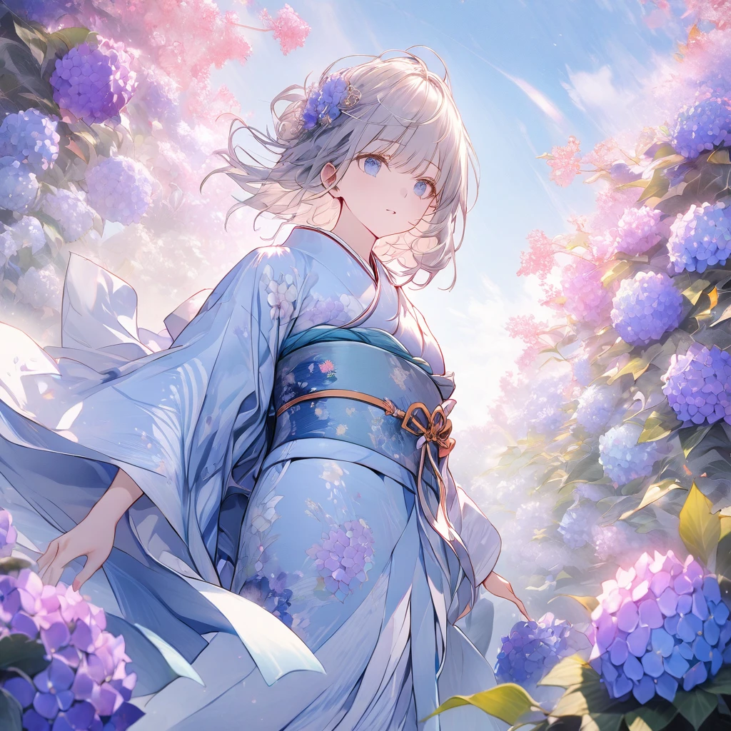 Hydrangeas, a beautiful girl, beautiful sky, detailed details, a large sky, a full-body image, detailed colors, dynamic angles, a beautiful Japanese kimono, BREAK ,quality\(8k,wallpaper of extremely detailed CG unit, masterpiece,hight resolution,top-quality,top-quality real texture skin,hyper realisitic,increase the resolution,RAW photos,best qualtiy,highly detailed,the wallpaper,cinematic lighting,ray trace,golden ratio\),