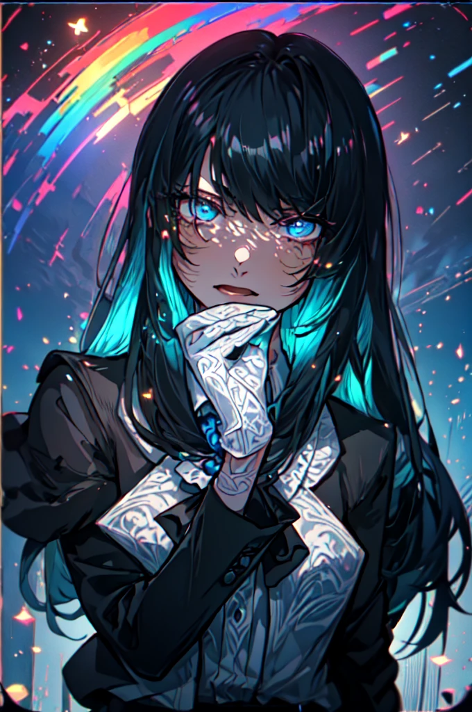 Beautiful hands, Beautiful dresasterpiece, (best quality:1.2), intricate details, ado, 1girl, multicolored hair, long hair, collared shirt, jacket, bangs, long sleeves, blue flower, (mature female:1.2), Ado, (dark blue hair, light blue inner), extra long hair, straight hair, blue eyes, slanted eyes, white inner shirt, (long black jacket, long black pants),  (masterpiece, best quality:1.2), intricate details, ado, 1girl, multicolored hair, long hair, collared shirt, bangs, long sleeves, blue flower, (mature female:1.2), Stars and comets pass by in the open sky, Beautiful Clouds, A tree with glowing fireflies and butterflies々, (Ultra-realistic), {Highly detailed CG unit 8k wallpaper}, Vast landscape photography, (View from below with a panoramic view of the sky, vast open field vision), (Low angle shot), (Light: 1.5), (warm Light source: 1.2), Intricate details, (Rainbow colors: 1.2), (bright Lighting), (atimospheric Lighting), dream-like, Magic, fairy tale