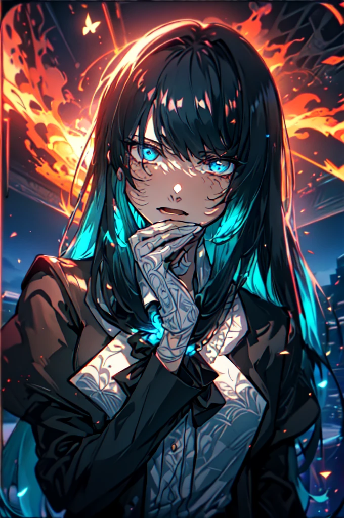 Beautiful hands, Beautiful dresasterpiece, (best quality:1.2), intricate details, ado, 1girl, multicolored hair, long hair, collared shirt, jacket, bangs, long sleeves, blue flower, (mature female:1.2), Ado, (dark blue hair, light blue inner), extra long hair, straight hair, blue eyes, slanted eyes, white inner shirt, (long black jacket, long black pants),  (masterpiece, best quality:1.2), intricate details, ado, 1girl, multicolored hair, long hair, collared shirt, bangs, long sleeves, blue flower, (mature female:1.2), Stars and comets pass by in the open sky, Beautiful Clouds, A tree with glowing fireflies and butterflies々, (Ultra-realistic), {Highly detailed CG unit 8k wallpaper}, Vast landscape photography, (View from below with a panoramic view of the sky, vast open field vision), (Low angle shot), (Light: 1.5), (warm Light source: 1.2), Intricate details, (Rainbow colors: 1.2), (bright Lighting), (atimospheric Lighting), dream-like, Magic, fairy tale