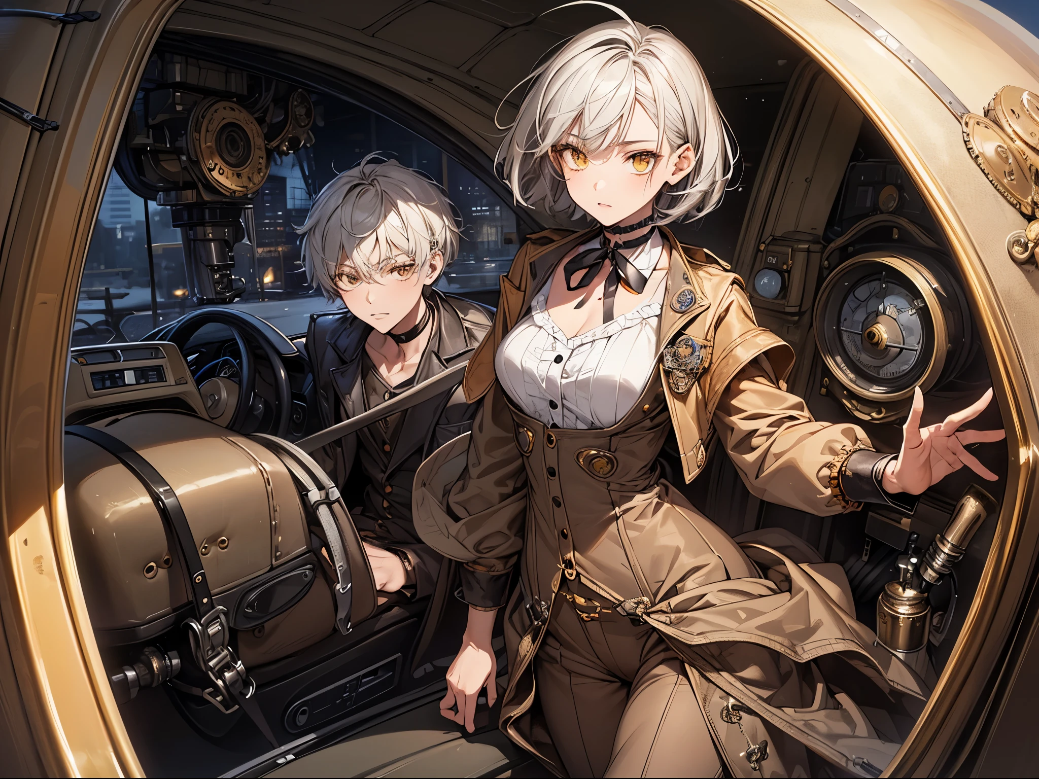 masterpiece, Highest quality, Perfect Face, Highest Resolution, Highest quality,Detailed depiction of the eyes, 1 girl, young, slender body, Short, deep tan skin, slate gray hair, short hair, upturned eyes, Yellow Orange eyes, Perfect Anatomy, steampunk, ribbon choker, Work clothes, vehicle, airship