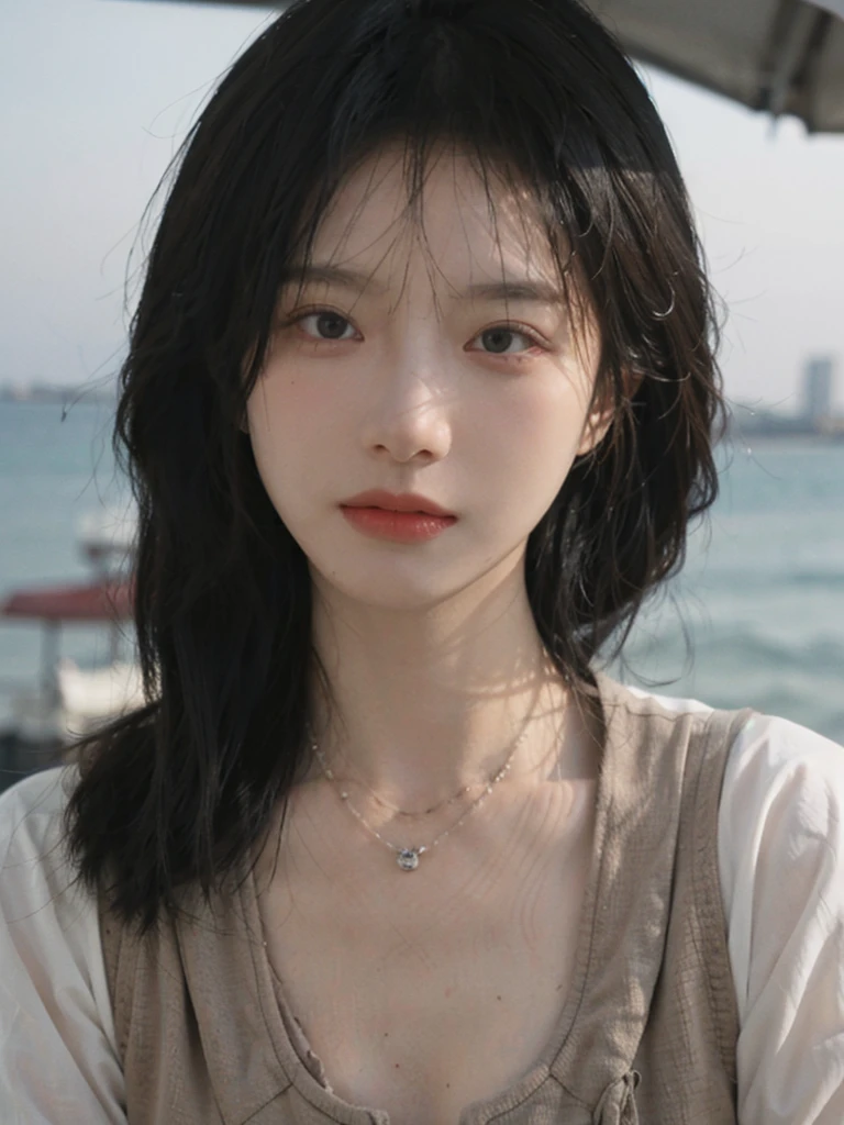 Film portrait photography, 1girls, Lipstick, (big chest:1.2), Wear a necklace, Cute expression, Exquisite makeup, Vest, serene, calm, (Realistic and detailed eyes, Natural skin texture, Realistic facial details), Soft dramatic lighting, Vibrant details, Detailed and detailed, Surreal, 35mm film, hazy, outdoor, Seaside background, seaside, Depth of Field, Bokeh