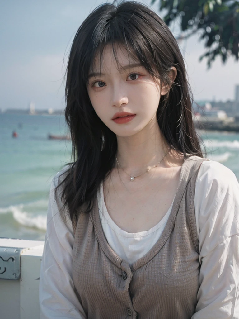 Film portrait photography, 1girls, Lipstick, (big chest:1.2), Wear a necklace, Cute expression, Exquisite makeup, Vest, serene, calm, (Realistic and detailed eyes, Natural skin texture, Realistic facial details), Soft dramatic lighting, Vibrant details, Detailed and detailed, Surreal, 35mm film, hazy, outdoor, Seaside background, seaside, Depth of Field, Bokeh