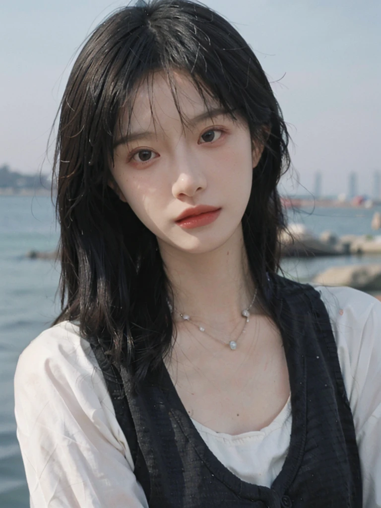 Film portrait photography, 1girls, Lipstick, (big chest:1.2), Wear a necklace, Cute expression, Exquisite makeup, Vest, serene, calm, (Realistic and detailed eyes, Natural skin texture, Realistic facial details), Soft dramatic lighting, Vibrant details, Detailed and detailed, Surreal, 35mm film, hazy, outdoor, Seaside background, seaside, Depth of Field, Bokeh