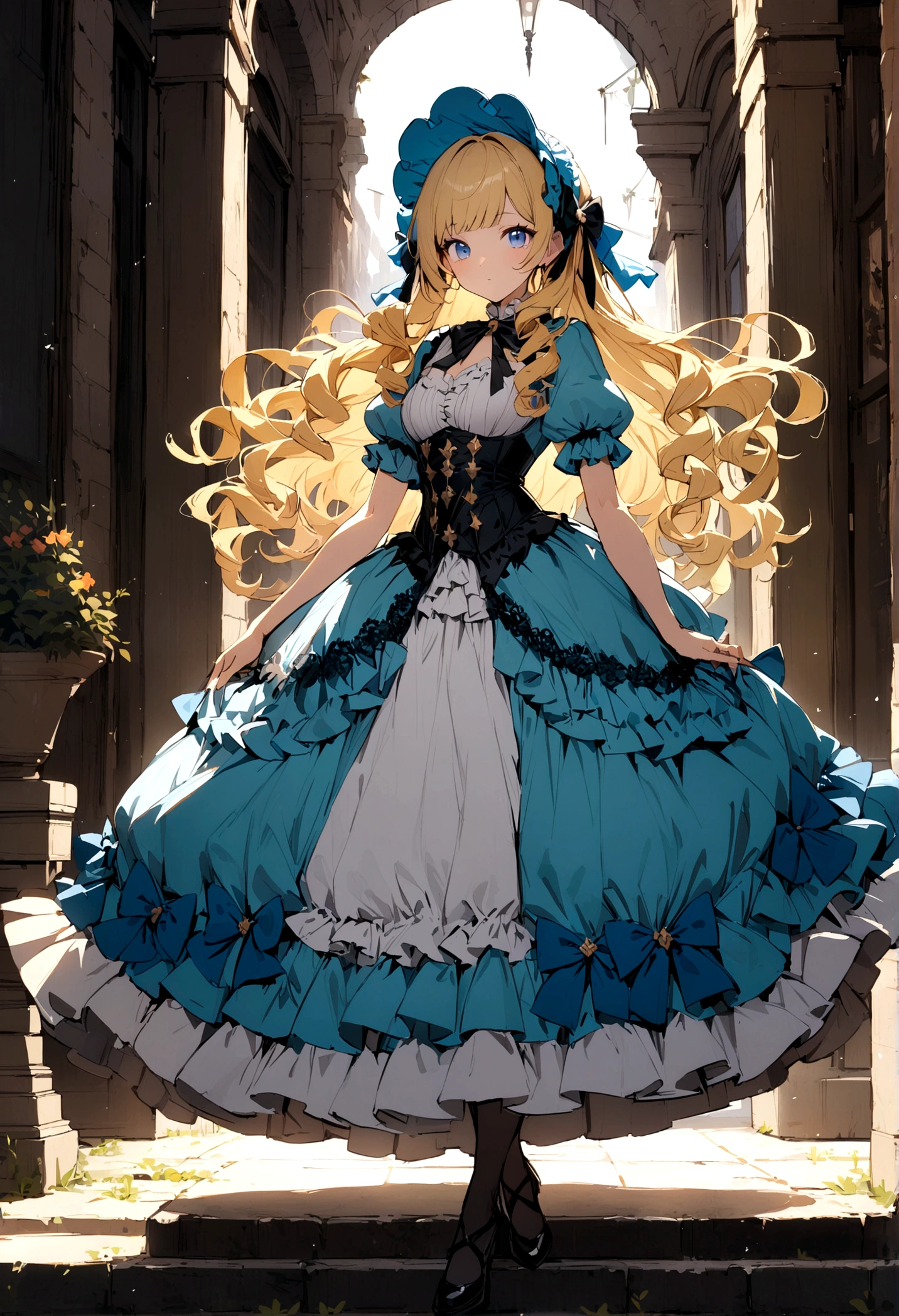 Curls,blonde hair,blue eyes,long eyelashes,victorian big puffy ballgown,short puffy sleeves,frilly,long hair,fringe bangs,side curls,fullbody,standing,masterpiece,puffy skirt,highres,big puffy light blue ballgown,bows on the skirt,short white puffy sleeves,fullbody,ballgown+,looking at viewer+,blonde hair,layered dress,lace-trimmed dress,bodice,highres,1girl,masterpiece
highres,bonnet,light blue dress,
