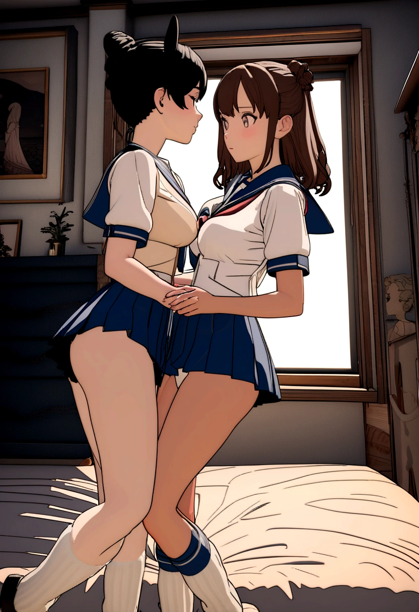 ​master piece,hyper quality, Hyper Detailed,Perfect drawing,nffsw,。.3D,8K,Two anime beautiful girls kissing while pressing their breasts against each other
Two beautiful girls from anime staring at each other from the front, Pressing each other's breasts、embrace each other
Japanimation　Moe Anime Beautiful Girl　Kogal　Brown skin　Loose socks(Buggy socks:1.5)　gal make　a sailor suit　a miniskirt(0.8)　Luxury underwear、I can see my panties、Bedrooms、indirect lighting、Night view outside the window、beatiful backgrounds、Detailed drawing、Accurate drawing、clearface,Perfect illustration、