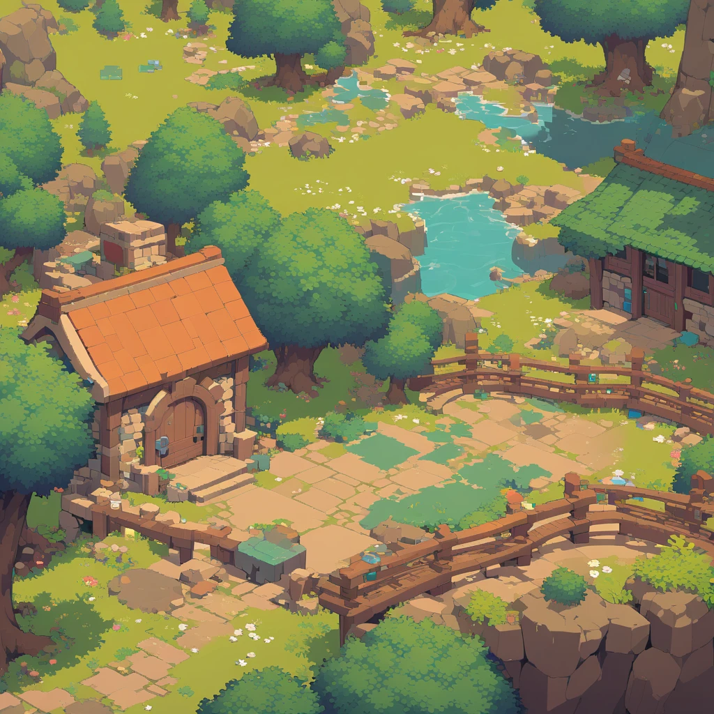 retro video game style,pixelated, vibrant pastel colors,8-bit characters,blocky shapes,sharp lines,detailed shading,classic gaming vibe,nostalgic atmosphere,classic arcade games,masterpiece:1.2,ultra-detailed,illustration style, 2d texture, clay texture, stone texture, 4 k seamless mud texture, video game texture, dirt texture, tileset, game tiles, clay material, flat texture, grass, trees, rock texture, rocky ground, forest, topdown view, game texture, game art, ground very detailed, dirt, floor texture, tileable texture, flowers, wooden bridge, wooden river bridge, bushes, shrubs, intricate ground stone, top down view, 3/4th perspective
