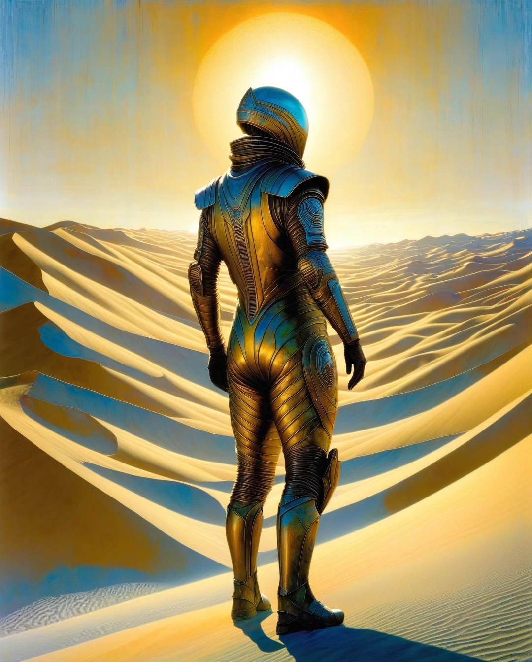 Masterpiece, photorealistic, highly detailed,Epic, Stunning, Illustration, full shot, DUNE, contemplative, standing tall, wearing stillsuit, vast desert, sand dunes, setting sun, clear blue sky, two tone lighting, dynamic lighting, soft glow, orange and yellow hues, traditional Middle Eastern, gouache, ink, intricately detailed, high-resolution, authentic, prestigious, Frank Herbert, Brian Herbert, Kevin J. Anderson, Jim Lee, Jae Lee, Frank Frazetta, H.R. Giger.,,, artwork inspired by Brian Froud and Carne Griffiths and Wadim Kashin, intricate details, oil