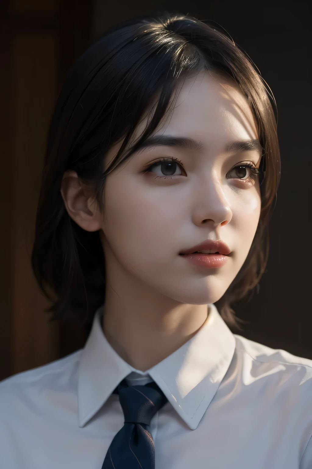 Highest quality, masterpiece, (Realistic:1.4), One girl, A light smile, Collared shirt, Upper Body, Dramatic lighting, From below