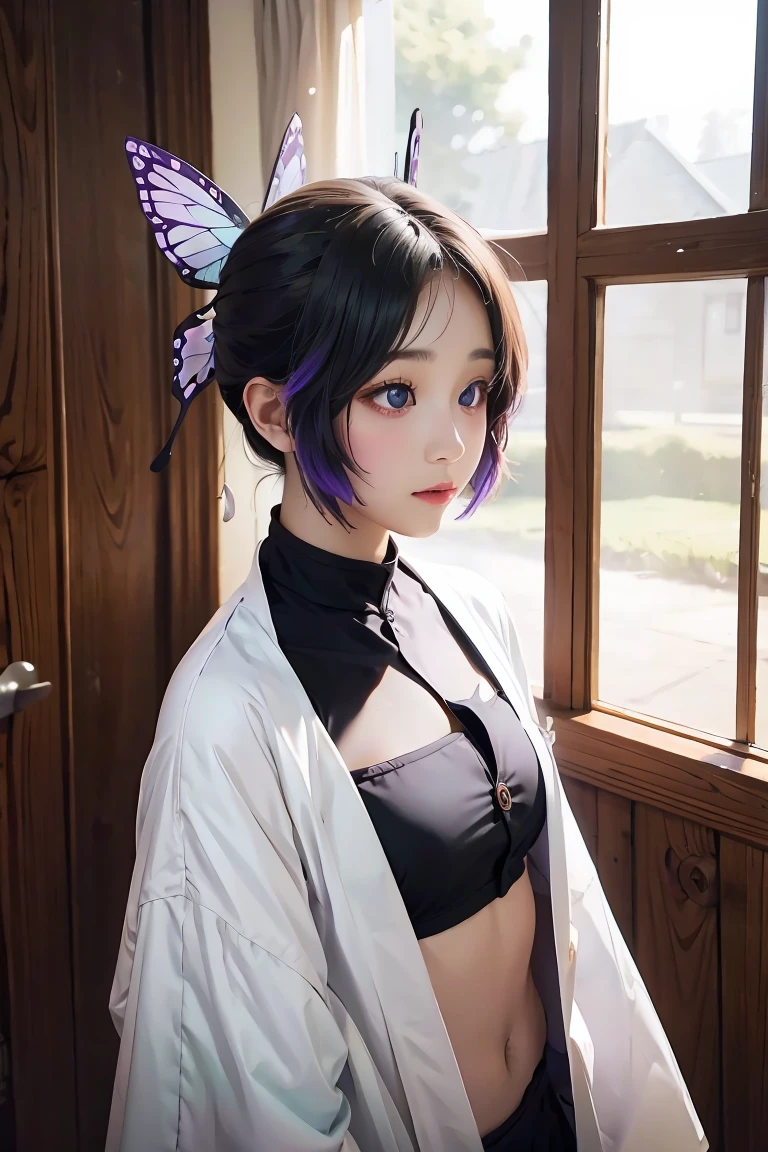 masterpiece, best quality, highres, 1girl, solo, kochou shinobu, butterfly hair ornament, purple eyes, multicolored hair, short hair, parted bangs, haori, bikini, black jacket,