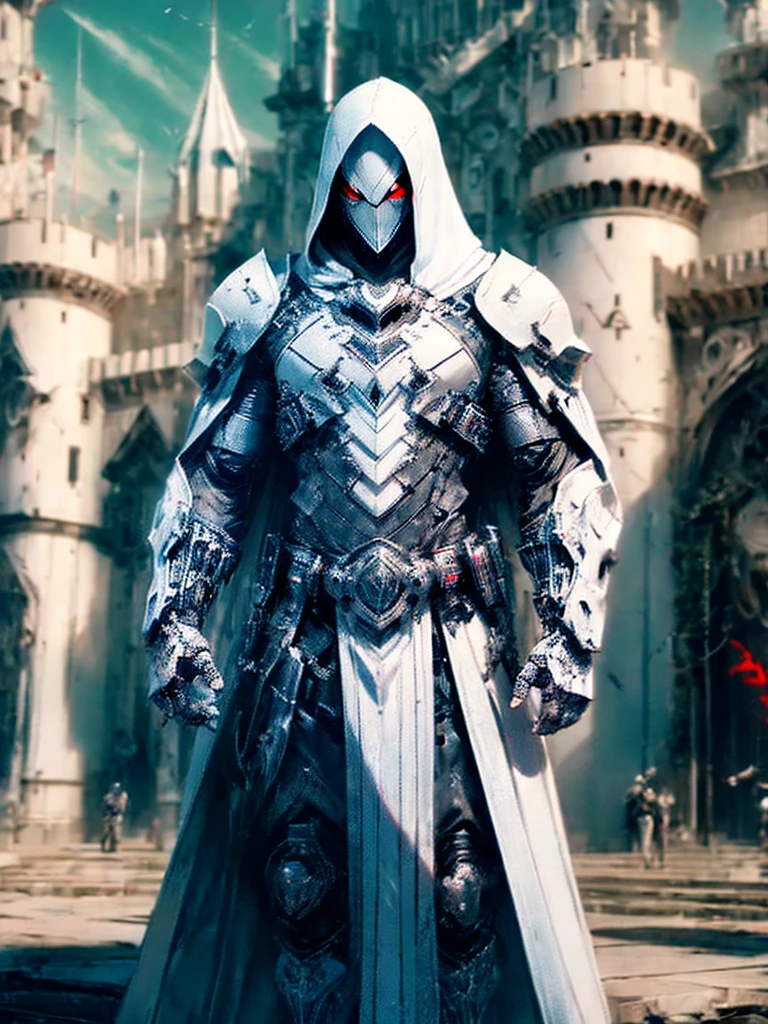a white and black hooded assassin cyborg, detailed face with red eyes, intricate cybernetic body parts, standing in front of a castle, cinematic lighting, full body shot, wide angle, highly detailed, photorealistic, 8k, hyper detailed, dramatic lighting