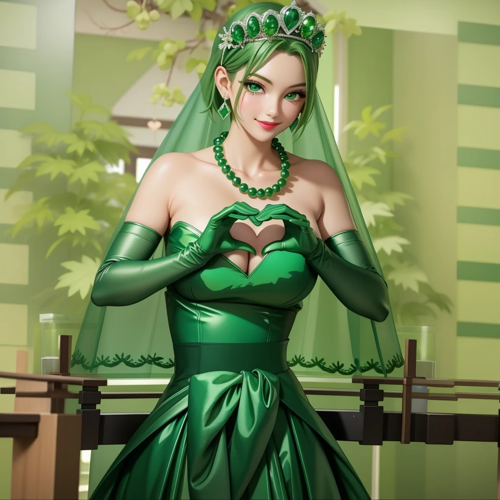 Emerald tiara, Green Pearl Necklace, ボーイッシュな非常に短いGreen Hair, Green Lips, Smiling Japanese woman, Very short hair, Busty beautiful lady, Green Eyes, Green satin long gloves, Green Eyes, Emerald Earrings, Green veil, Heart with both hands, Green Hair, Beautiful Japanese Women, Heart shaped hands:1.3, green lip gloss