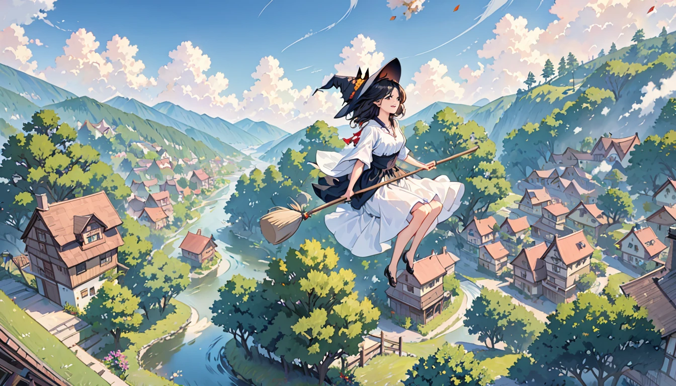 Woman flying in the air astride a broom,witch,Black Hair,Below are houses and forests.