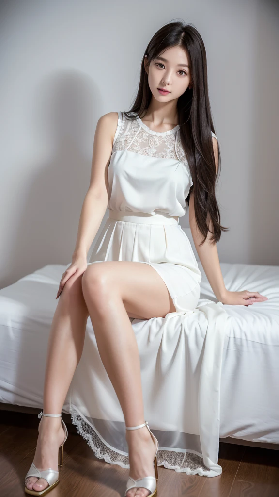 White Room、Black maxi skirt with lace 、Sheer blouse、(Highest quality)、((Very detailed))、4K、(8K)、masterpiece、Super detailed、Highest quality、Super Resolution、One person、Kind Face、Soft Light、Raw quality、Soft Skin、Heel、Thighs、163cm、