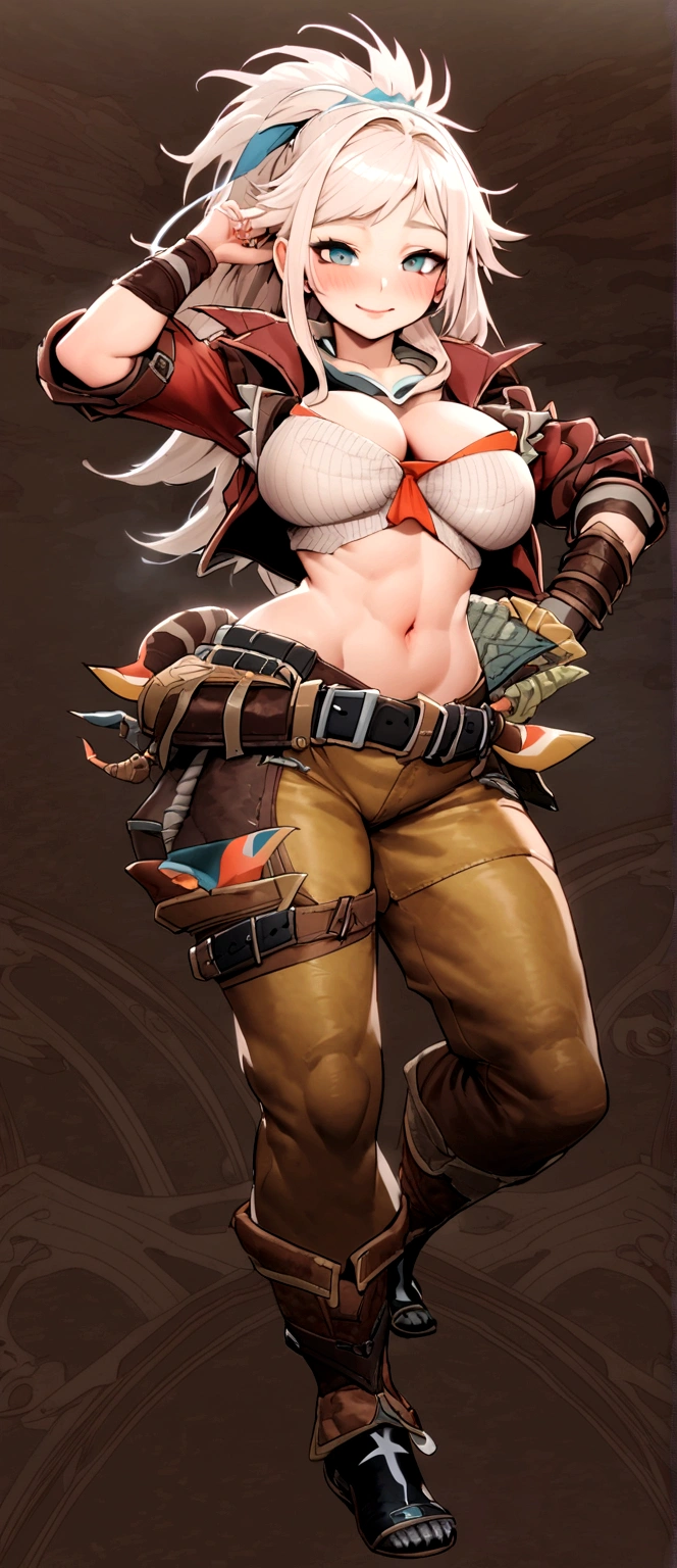 ((monsterhunter)), looking the viewer, solo, girl, shy, red cheek, bashful, embarrassed, smiling, perfect face, muscular, ((big breasts)), ((big boobs)), long hair, beautiful eye, warrior