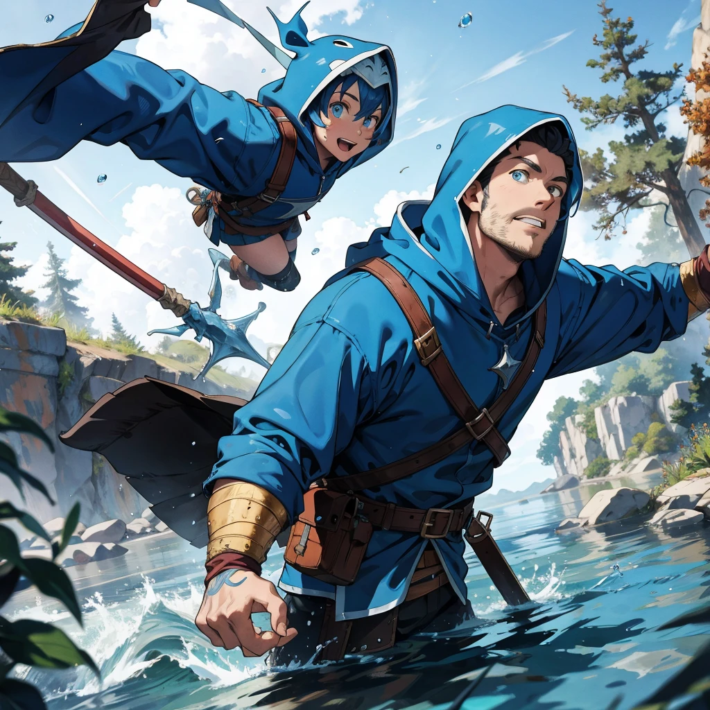 water dwarf in the river with medieval adventurer outfit hood