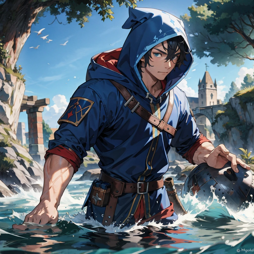 water dwarf in the river with medieval adventurer outfit hood