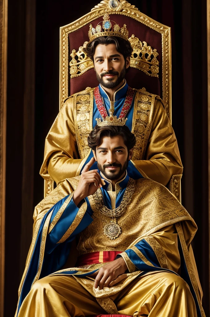 A King wearing his proud gown is sitting on his throne with a sly smile and below him are his ministers and he is very beautiful and handsome and wearing a crown