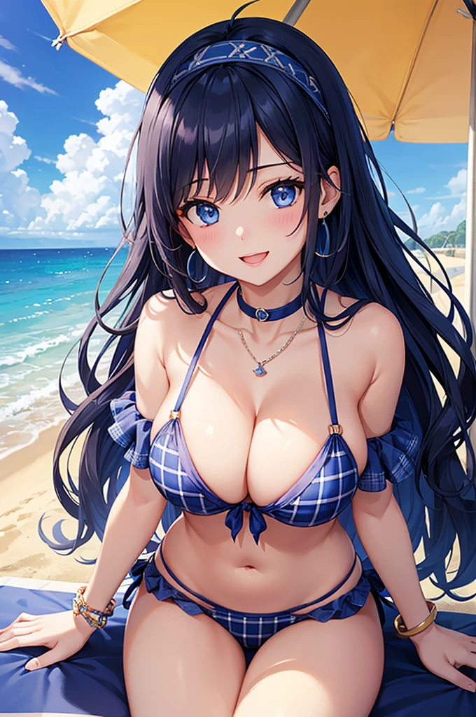 Highest quality、Highest quality、masterpiece、Beauty(Age 25)、(8K),Navy blue long hair、blue eyes、Sexy plaid bikini、Big cleavage、(Big Breasts),smile、blue necklace、Blue Earrings、background(Beach)、Please open your mouth wide、White headband、bracelet、Dynamic pose、Blue choker