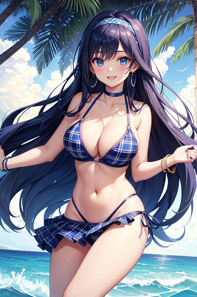 Highest quality、Highest quality、masterpiece、Beauty(Age 25)、(8K),Navy blue long hair、blue eyes、Sexy plaid bikini、Big cleavage、(Big Breasts),smile、blue necklace、Blue Earrings、background(Beach)、Please open your mouth wide、White headband、bracelet、Dynamic pose、Blue choker