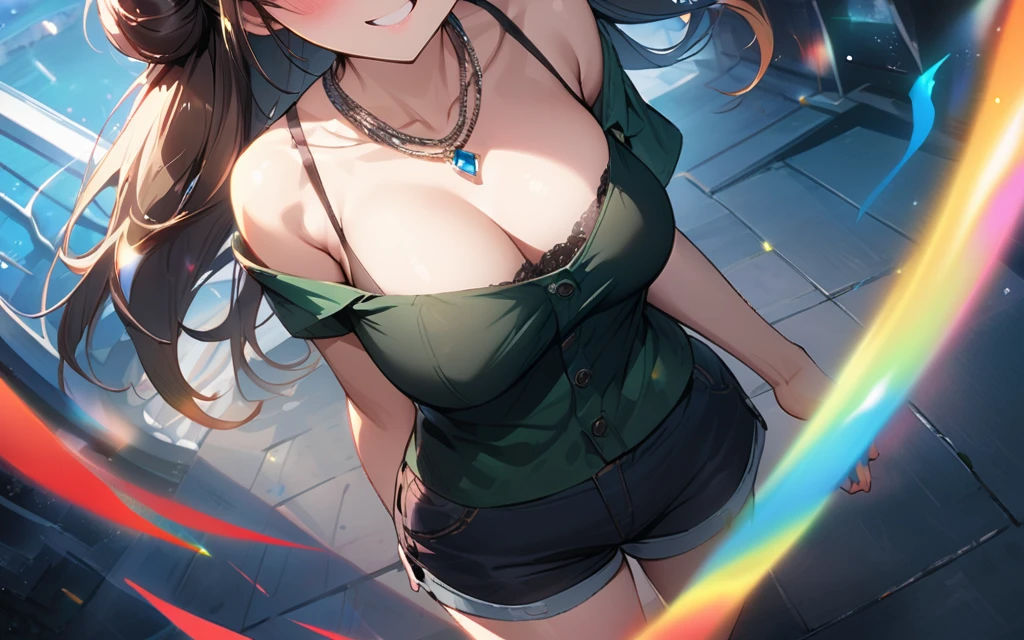 ((masterpiece:0), best quality, very aesthetic, up to date, absurd, detailed, high quality)
打破最high quality, Top quality, detail, high resolution, Super Fine, The art of math, Official Art, Movie, 4K, 8k resolution, 8k cg wallpaper, CG, original artwork, detailed background, Colored background, Blue atmosphere, High Dynamic Range, Blurred background, Blue Hour, Starburst effect, Twilight Light, Good ISO, high resolution, Wide-angle lens, From far away, RAW photos, Throw, Clear focus, Light Reflection, Reflection, intricate detail, Soft Light, Particle Noise, Professional photography, Bokeh, Depth of Field, Natural Lighting, Vibrant colors, Look away, detailed lights and shadows, fashionable, ultra-detailed, Top rated on Pixiv, Popular on ArtStation, Rainbow style, modern, Master production, PostureBREAK Solo, close up, from above, 1 Girl, Pale skin, Correct finger, detailed hand, (Large, firm breasts:1.3),(Exposed breasts:1.3),thigh, small torso, short body, blush, blush, Anxious expression, Random, Slim, ((Lovely, Childlike face):1.3), Beautiful buttocks, Good shape, Brown hair, (飘逸的Long hair, (Big 2 Bun Hairstyle)), Long bangs, Long hair, 中Long bangs, Brown eyesBREAK
(Black Lace-Up Tank Top, Necklace, Off-the-shoulder green hoodie, (Abdominal skin), Unbuttoned shorts, Costume accessories in various colors)