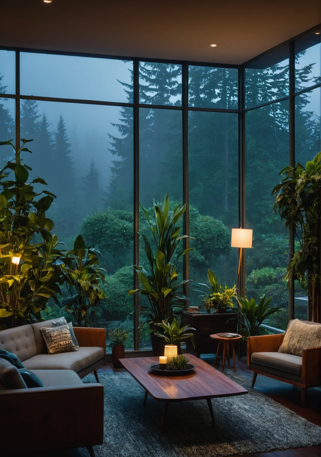 ((mid century modern living room)), dimly lit, (foggy rainy evening:1.2), pacific northwest, (dim lighting:1.2), (moody lighting:1.3), plants, large plants, many plants, (foggy windows:1.2), masterpiece, best quality, twilight hour, blue hour