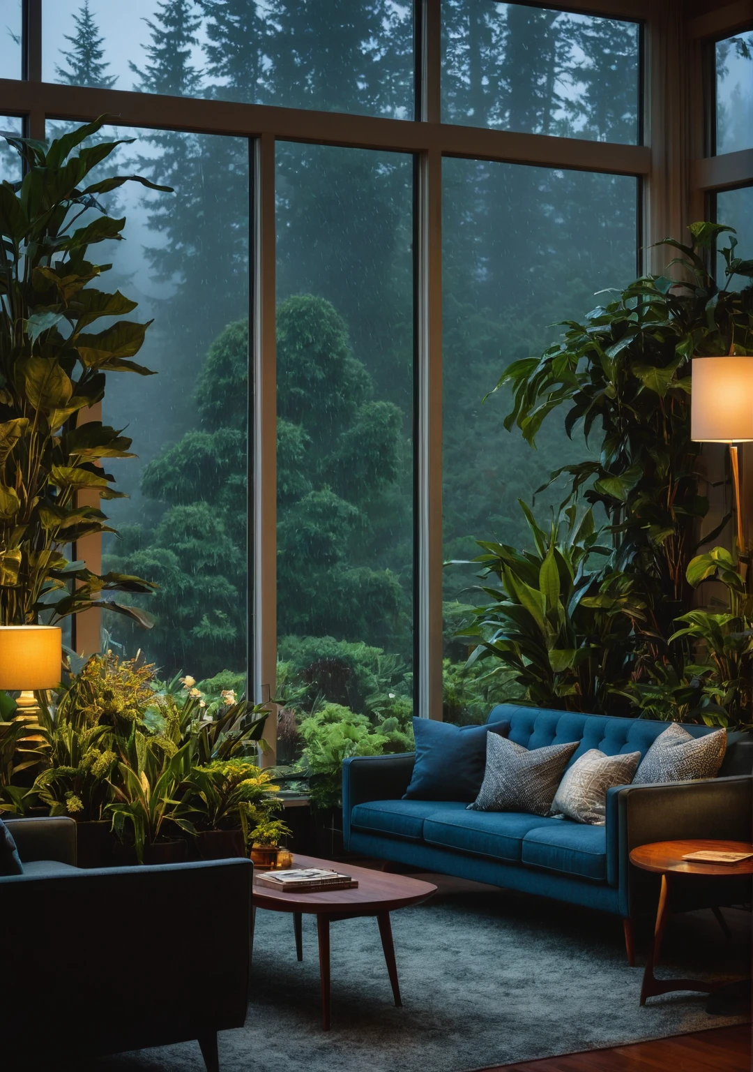 ((mid century modern living room)), dimly lit, (foggy rainy evening:1.2), pacific northwest, (dim lighting:1.2), (moody lighting:1.3), plants, large plants, many plants, (foggy windows:1.2), masterpiece, best quality, twilight hour, blue hour